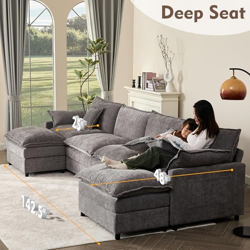 Black Chenille U Shaped Modular Sectional Sofa with Ottoman U916