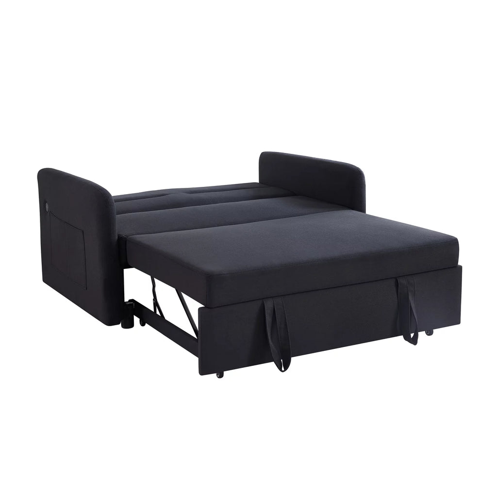 Black Velvet Convertible Loveseat Sleeper Sofa Bed with USB T3429