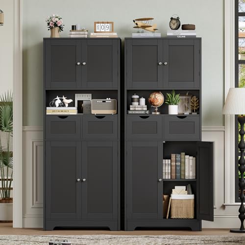 White Tall Bathroom Cabinet with 2 Drawers & 2 Adjustable Shelves & 4 Doors S489