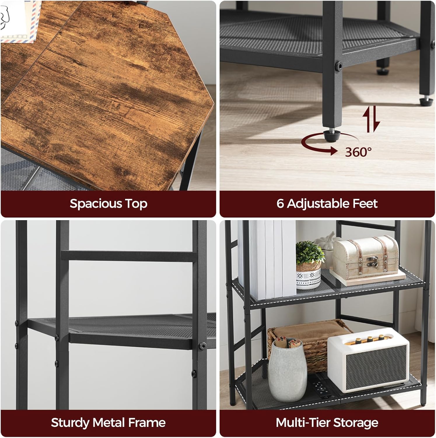 Rustic Brown 3-Tier Metal Frame Printer Stand with Storage Shelf P4234