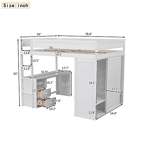 White Wooden Full Size Loft Bed with Storage Wardrobe, Desk, Drawers, Cabinet, and Ladder N275