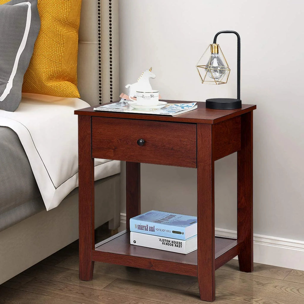 Walnut Wooden 2-Tier End Table With Drawer And Storage Shelf N253571