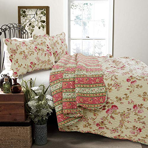Vintage Floral Rose Chintz 3-Piece Khaki Pink Green Scalloped Cotton Reversable Queen Quilt Bedding Set B97894