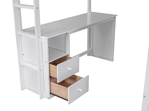 White Wooden Full Size Loft Bed with Storage Wardrobe, Desk, Drawers, Cabinet, and Ladder N275