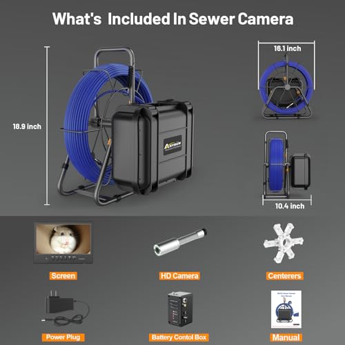 Self-Leveling Sewer Camera 100FT, 9" HD Screen Pipe Borescope Drain Inspection with 12pcs LED Light, DVR Recorder with 32GB Card, IP68 Waterproof Plumbing Cam, 7mm Cable with Depth Marker Q790515