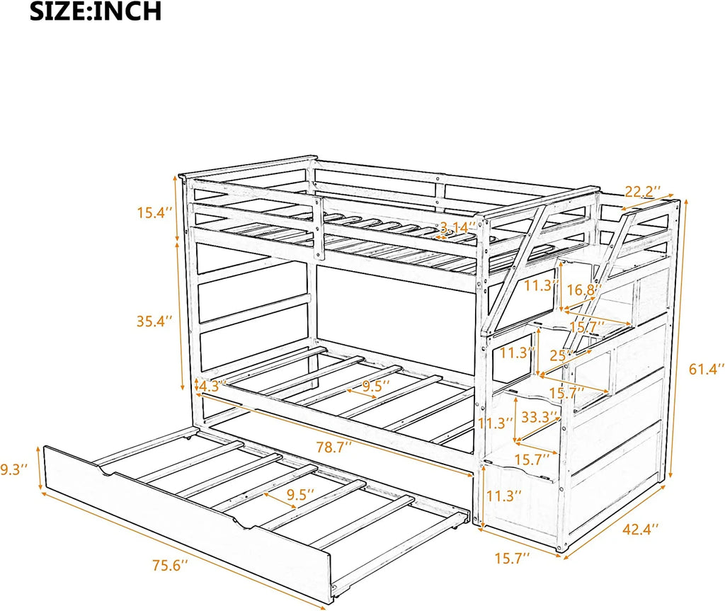Espresso Wooden Over Bunk Bed with Trundle and 3 Storage Stairs F82653