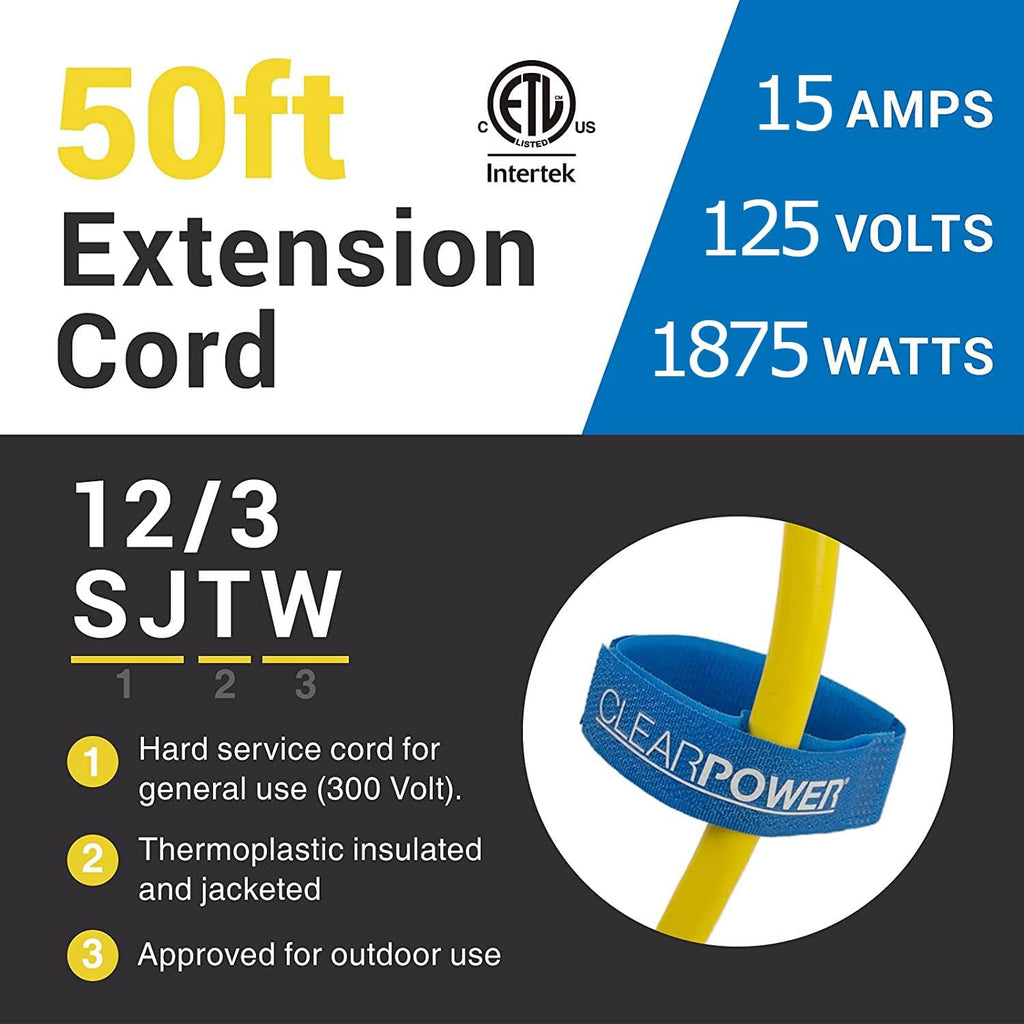 50 ft Heavy Duty Outdoor Extension Cord 12/3 SJTW, Yellow, 3 Prong Grounded Plug R80882
